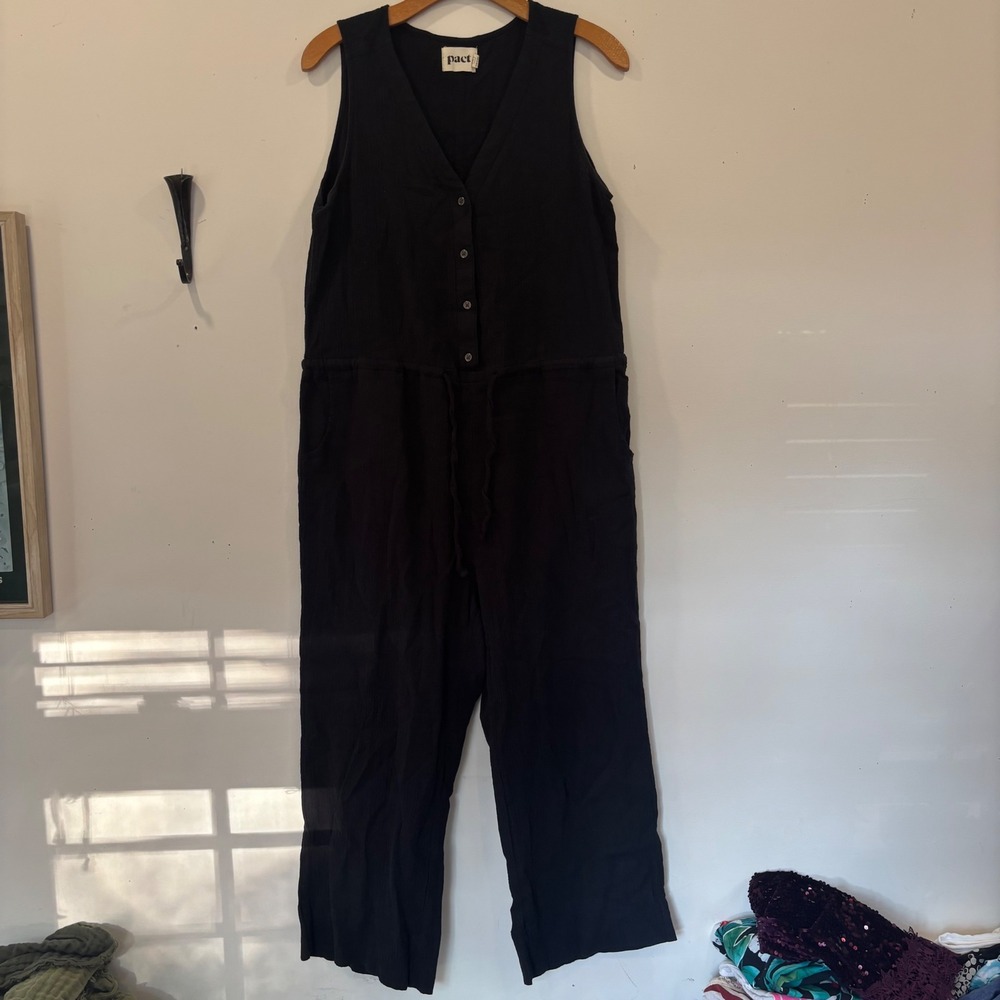 Pact Organic Cotton Gauze Jumpsuit Black Sleeveless Button Front Wide Leg M